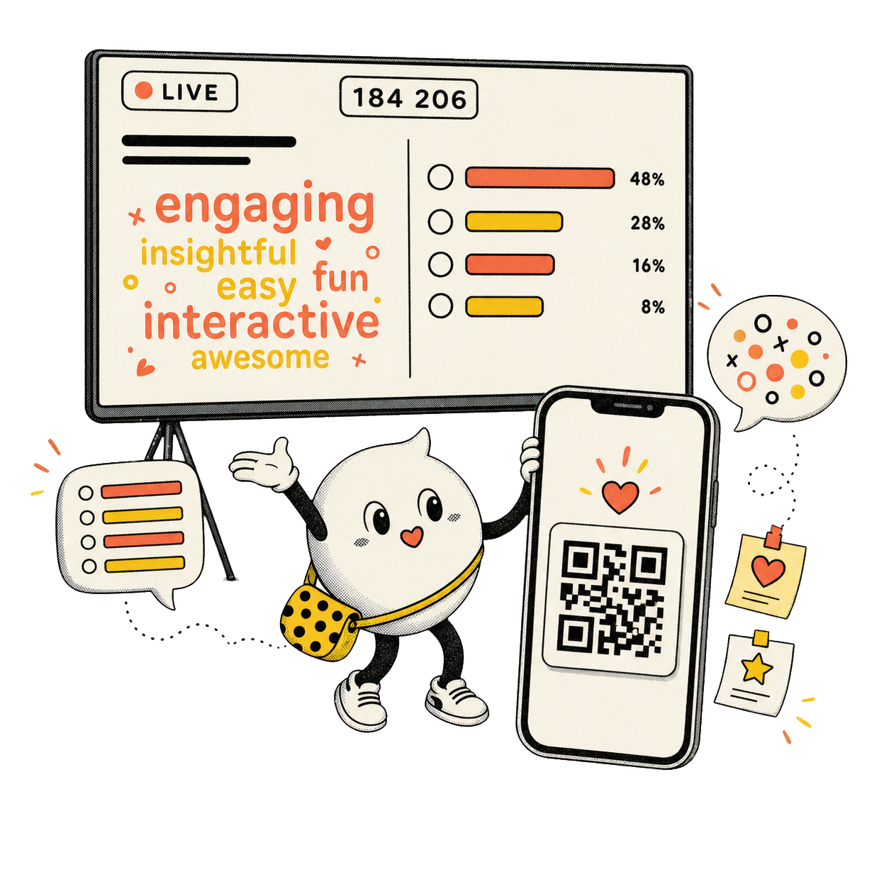 Poppi presents a live HuddlePops word cloud and poll beside an attendee phone